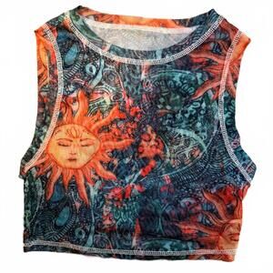 Sun and Abstract Pattern Mesh Crop Top